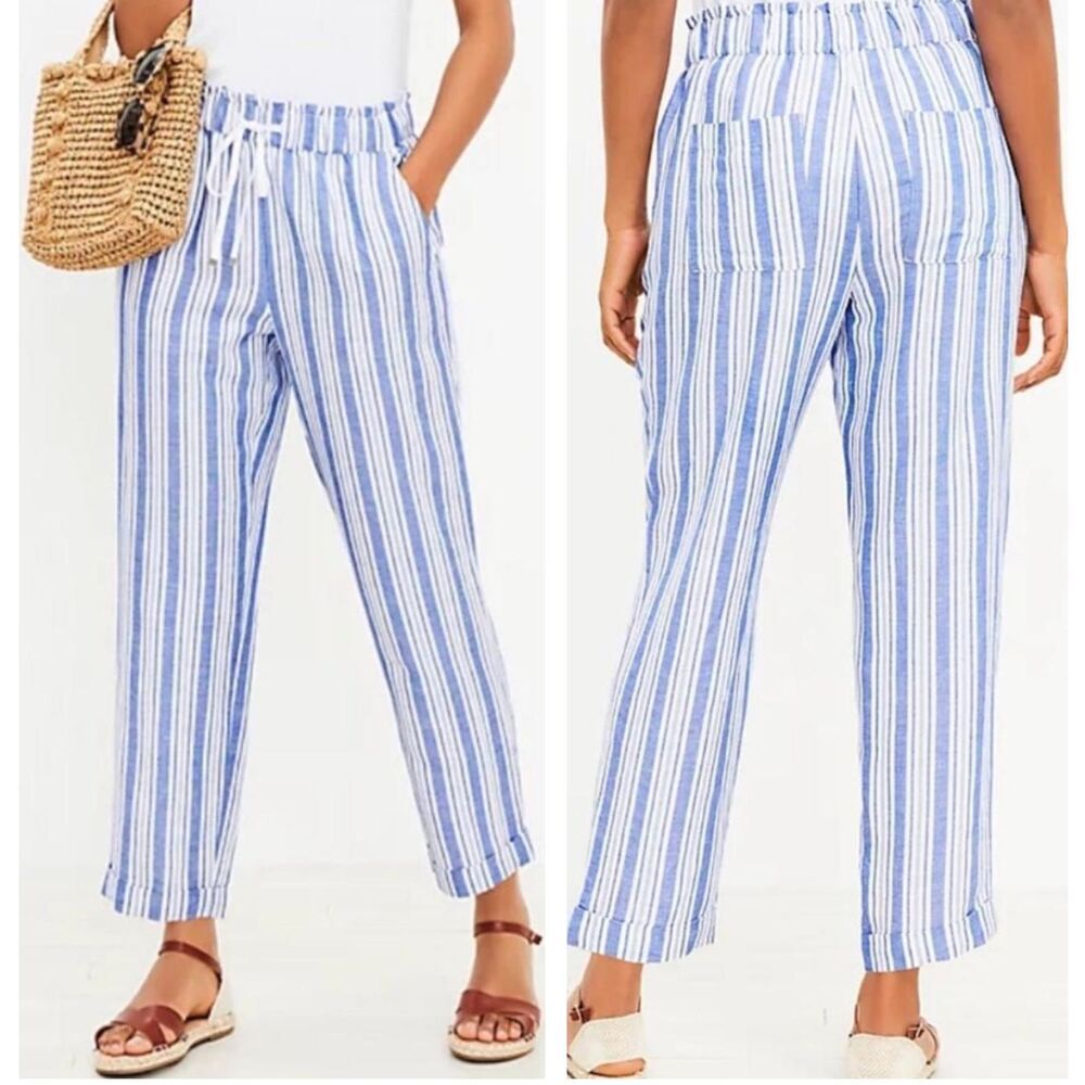 NWT LOFT Womens Emory Taper Pants in Striped Linen Blend Blue White Size XLT